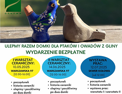 Na górze dwa gliniane ptaki. Po lewej niebeiski w białe kwiaty. Poniżej w trzech kolorowych hmurkach oraz nana białym w tle informacje