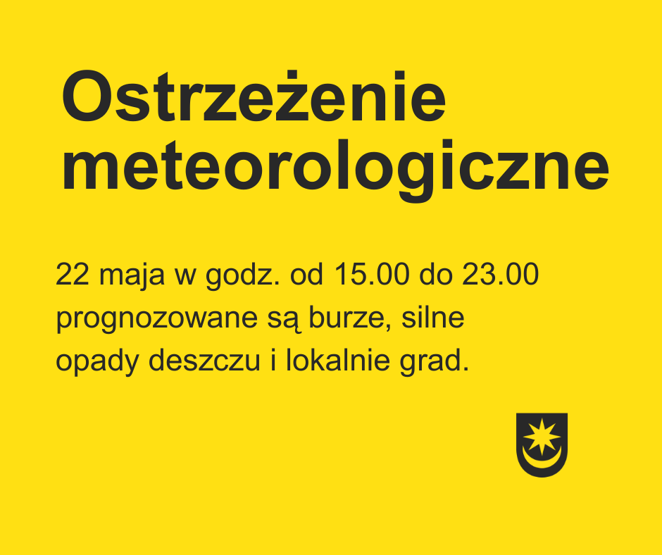 Na żółtym tle napis Ostrzeżenie meteorologiczne. Pozostała treść w artykule