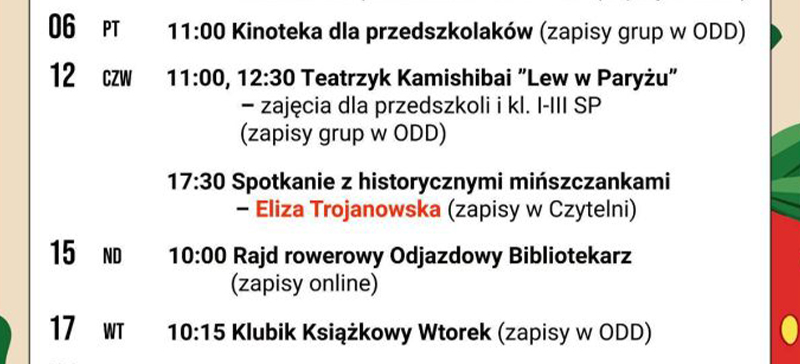 Na białym tle tekst z harmonogramem wydarzeń. Po obu stronach kolorowa obramówka