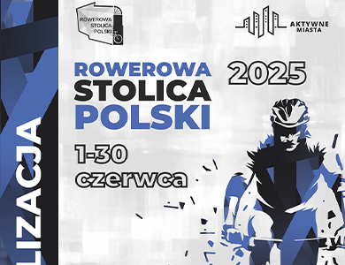 Na jasnym tle informacje. Po lewej gruby pasek czarno-fioletowy. Po prawej rysunek czarno-fioletowy rowerzystwa w kasku