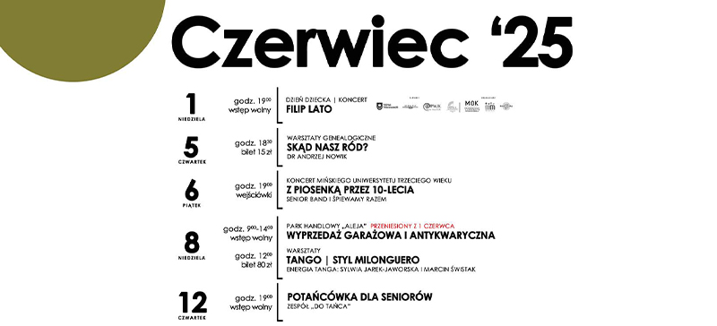 Na białym tle harmonogram wydarzeń. Na górze napis Czerwiec 2025