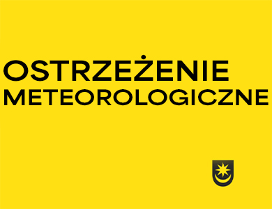 Na żółtym tle napis Ostrzeżenie meteorologiczne. Na dole czarny logotyp miasta