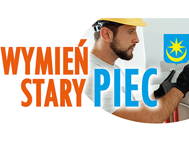 Na białym tle tytuł wymień stary piec. Po prawej zdjęcię montera