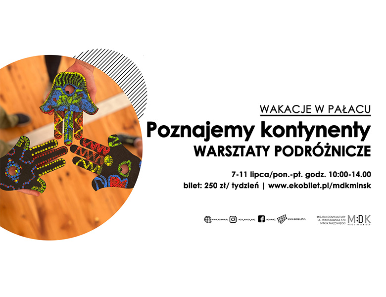 Z prawej strony napisy na białym tle, z lewej zdjęcie w kształcie koła. Na nim kolorowe tekturki w kształcie dłoni.