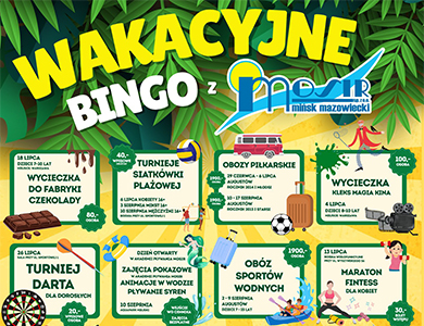 Na kolorowym tle 16 kwadratów z informacjami. Na dole i górze liście tropikalne i informacje