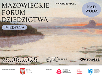 Na tle namalowanego obrazu przestawiającego wodę informacje. Na dole na białym pasku loga