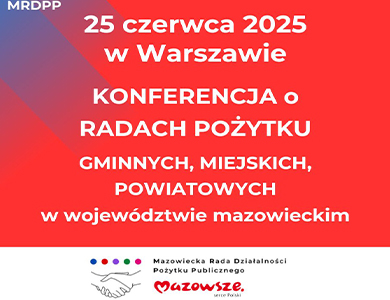 Na czerwonym tle informacje. Na dole na białym pasku loga