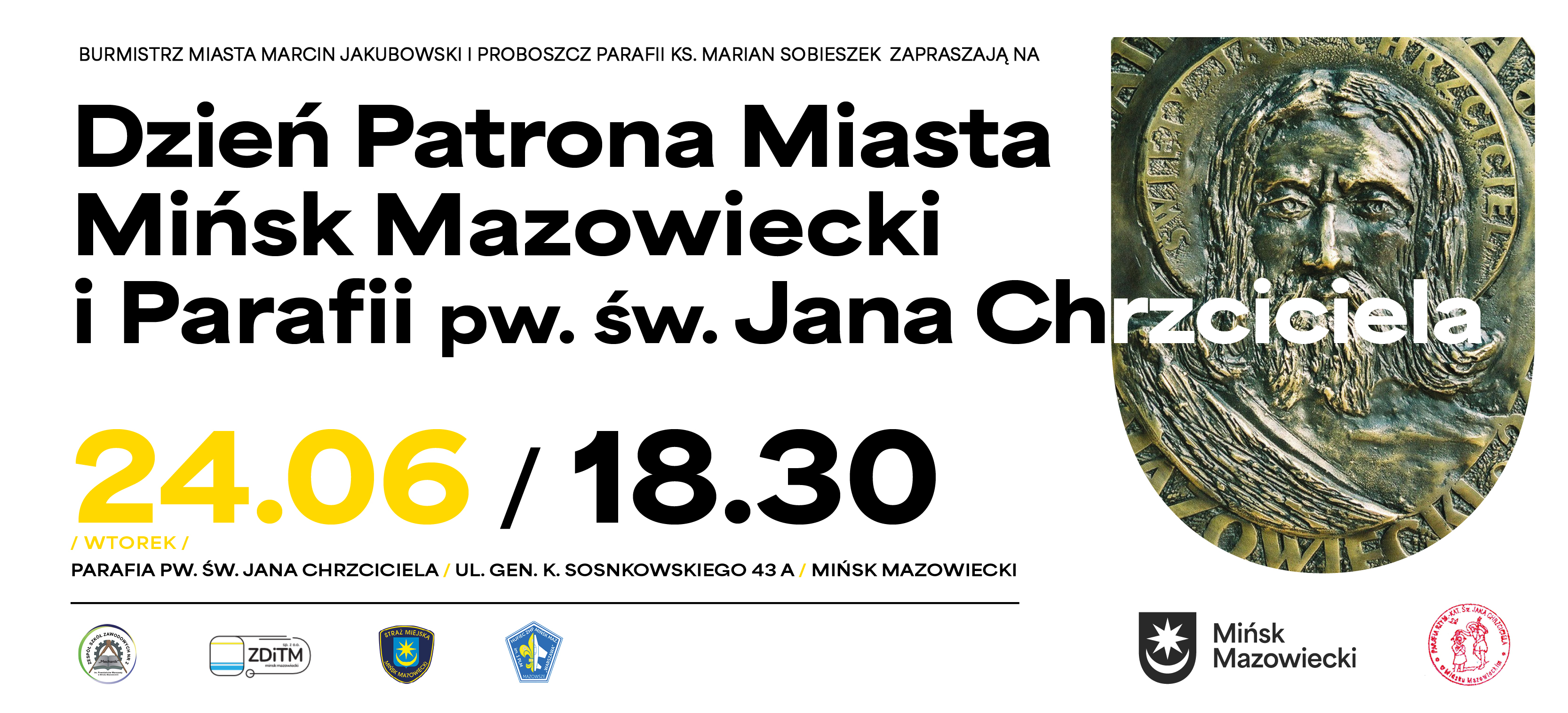 Na białym tle informacje. Po prawej mosiężny medal patrona miasta