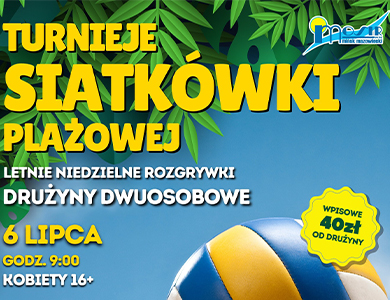 Na niebieskim tle informacje. Na górze rysunek zielonych liści. Na dole zarys piłki do siatki