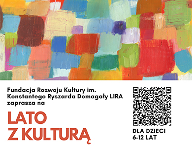 Na górze kolorowa, artystyczna grafika i kod QR oraz informacje