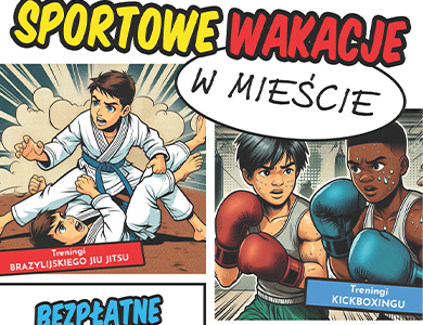 Komiksowy styl, z grafikami dzieci trenujących sporty walki. Naokoło informacje zawarte w artykule
