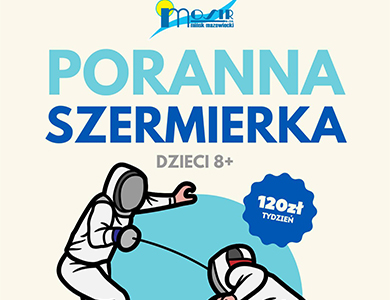 Na jasnym tle informacje. Na dole zarys dwóch szermierzy.