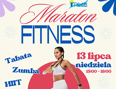Na jasnym tle inforamcje. Na dole zarys kobiety w stroju fitness