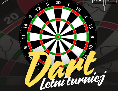 Po środku tarcza do darta. Tytuł Dart letni turniej