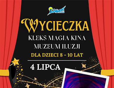 Na czarnym tle informacje. Po obu bokach zarys czerwonych kurtyn