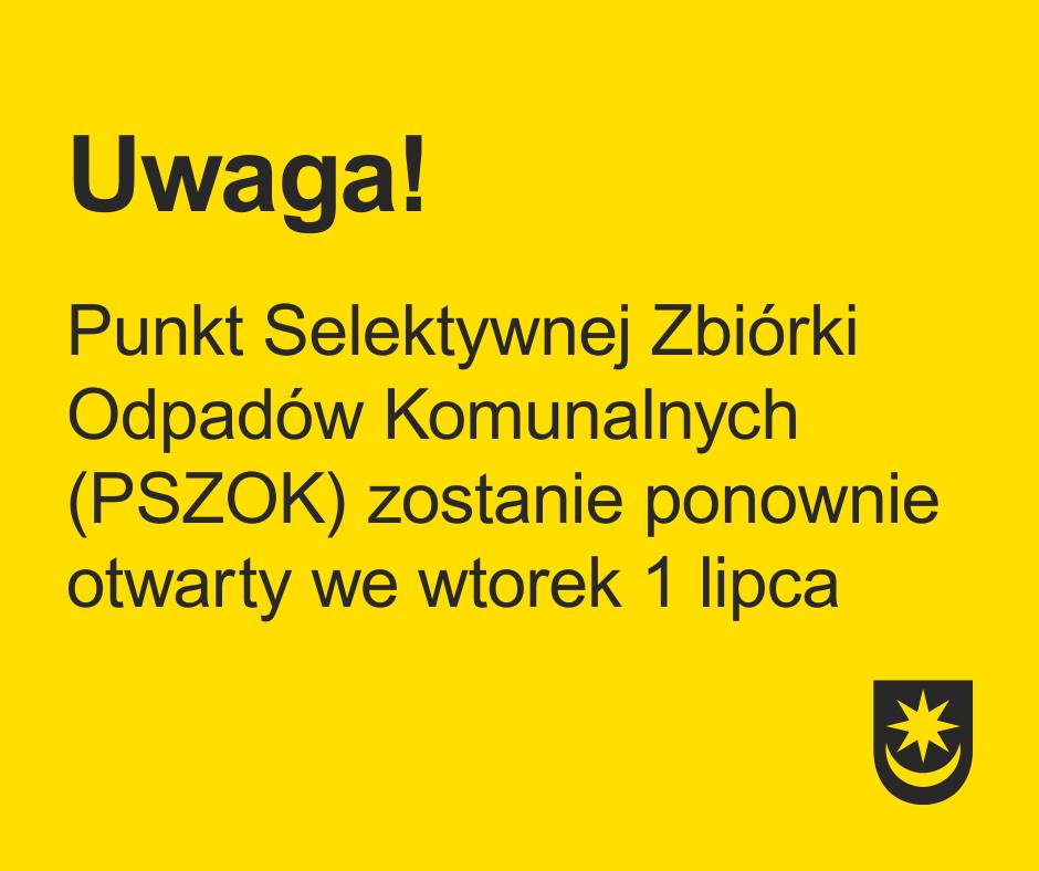 Na żółtym tle informacje. Na dole czarny sygnet miasta