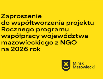 Na żółtym tle informacje. Na dole czarny sygnet miasta