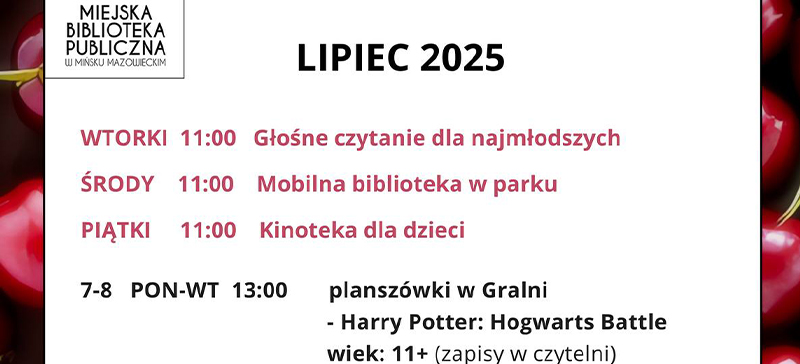 Na białym tle tekst z harmonogramem wydarzeń. Po obu stronach bordowa obramówka w wiśnie