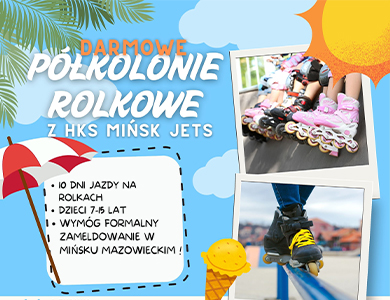 Na tle nieba zdjęcia rolek na nogach dzieci, grafika słońca, loda, parasola słonecznego i liści palmy po lewej.