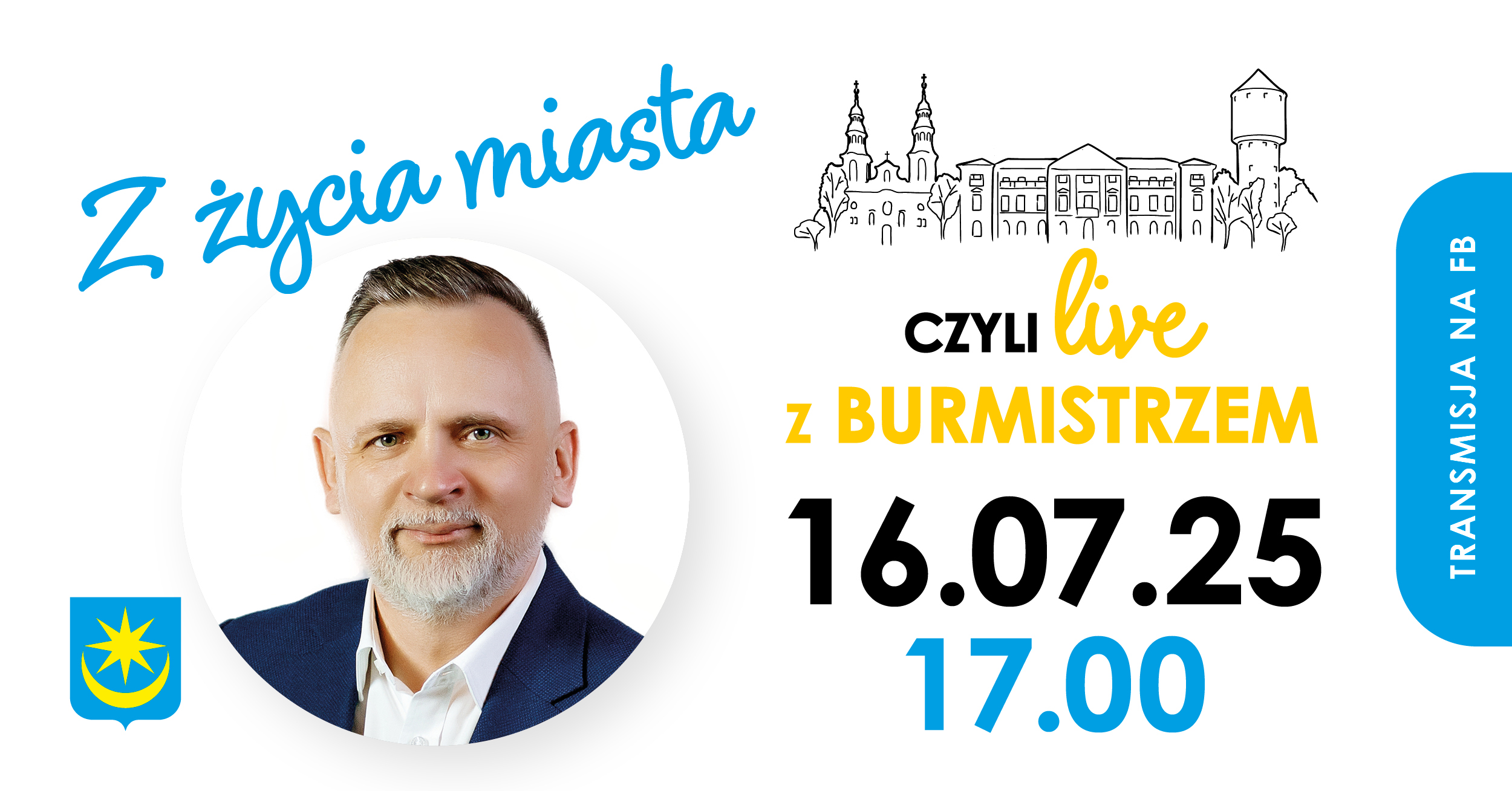 Na białym tle z lewej zdjęcie mężczyzny. Naokoło informacje. Po prawej obok zdjęcia rysunek budynków