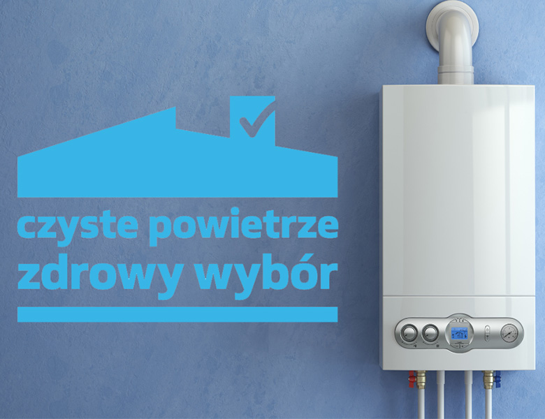 piec gazowy wisi na niebieskiej scianie, z lewej napis czyste powiertze wpisane w kształt domu