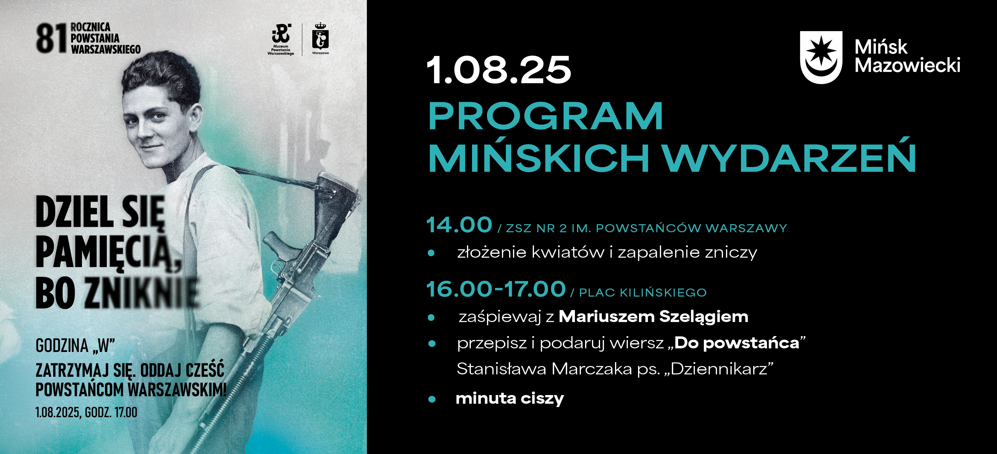 Po lewej uśmiechnięty mężczyzna w jasnej koszuli z karabinem na ramieniu. Naokoło na tle błękitno-białym treść. Po prawej na czarnym tle treść