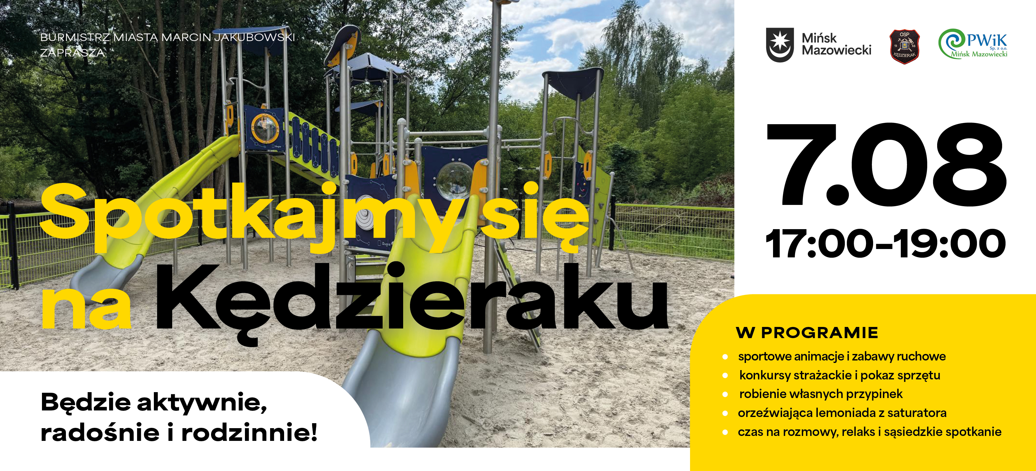 Na górze zdjęcie nowoczesnego placu zabaw z piaskownicą i zjeżdżalniami. Po prawej na białym i żółtym treść