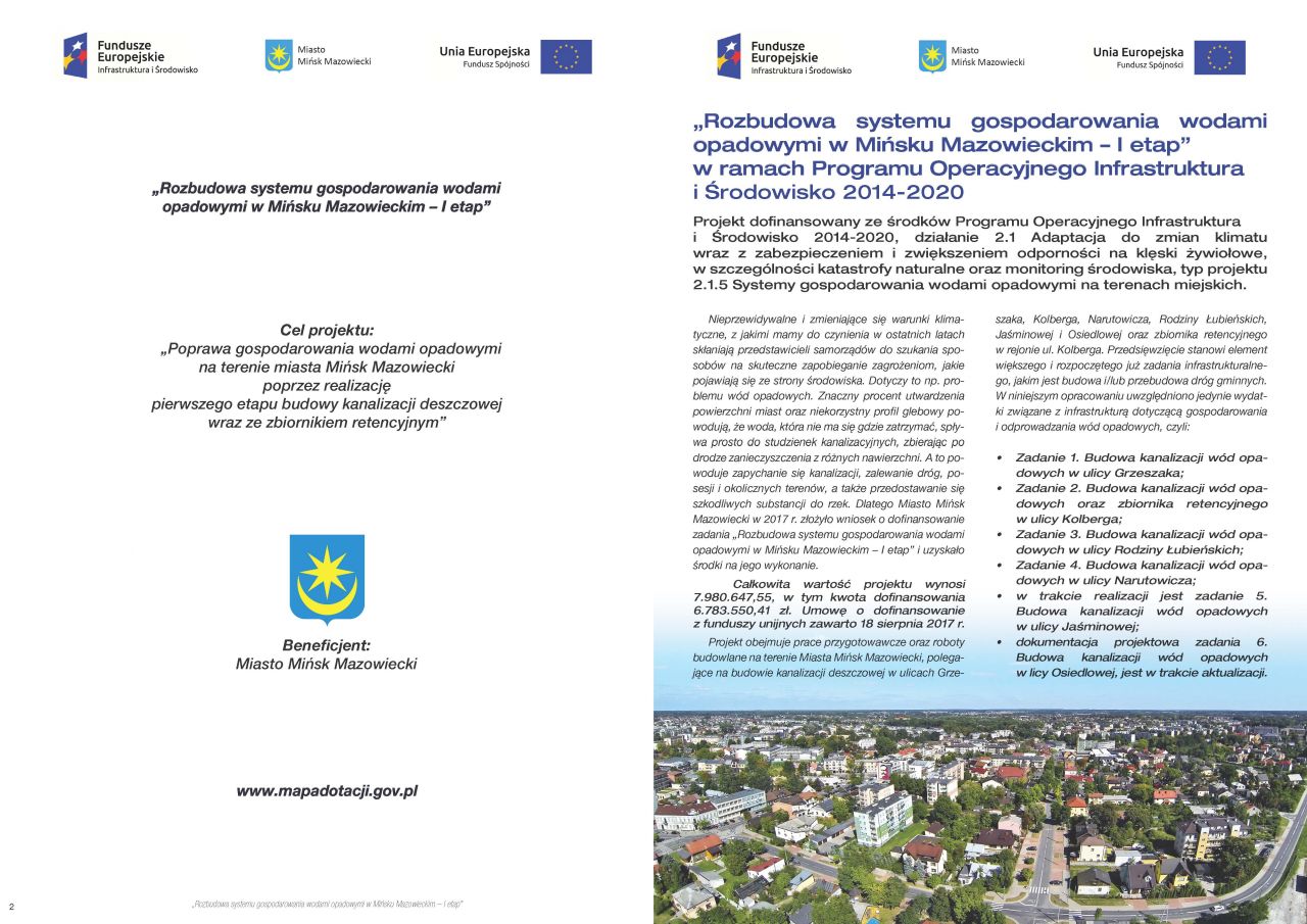 Rozbudowa systemu gospodarowania wodami opadowymi w Mińsku Mazowieckim - I etap - folder informacyjny - 2018