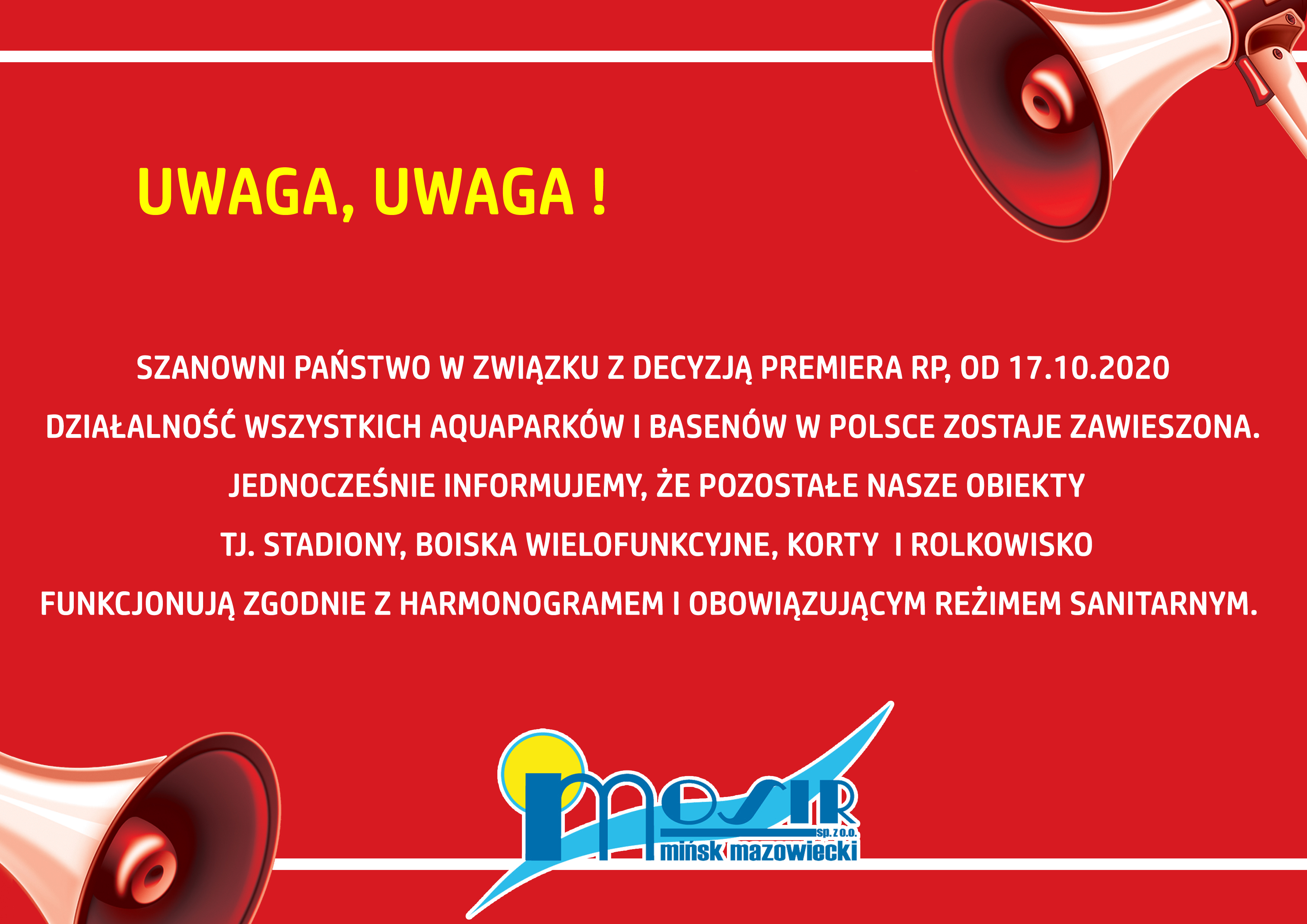 Informacje MOSiR dotyczące funkcjonowania obiektów w strefie żółtej
