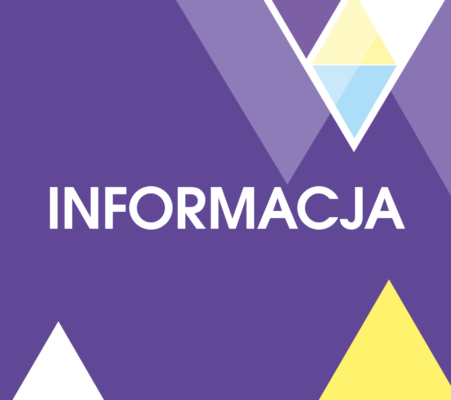 Napis "informacja" na fioletowym tle z trójkątami.