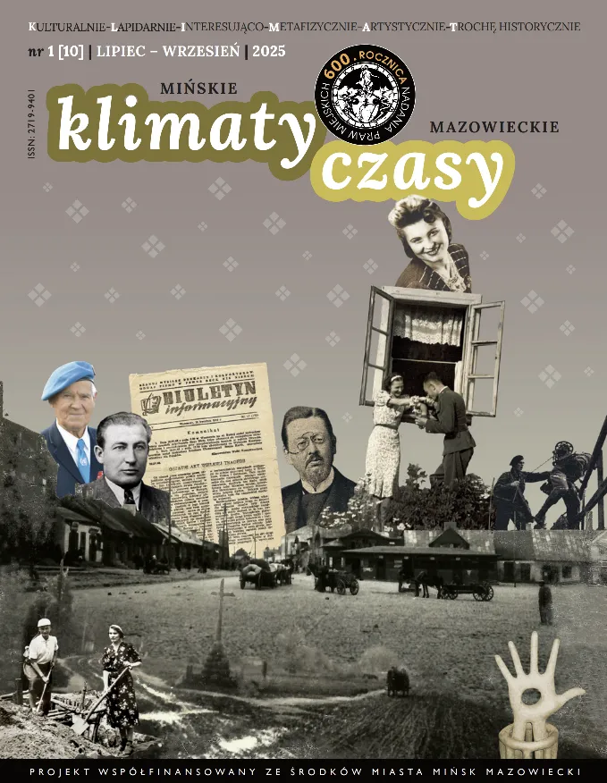 Kolaż z historycznymi zdjęciami ludzi, gazetą, zabytkowymi pojazdami i pomnikiem dłoni oraz tytuł magazynu „klimaty czasy” z informacją o numerze i okresie wydania.