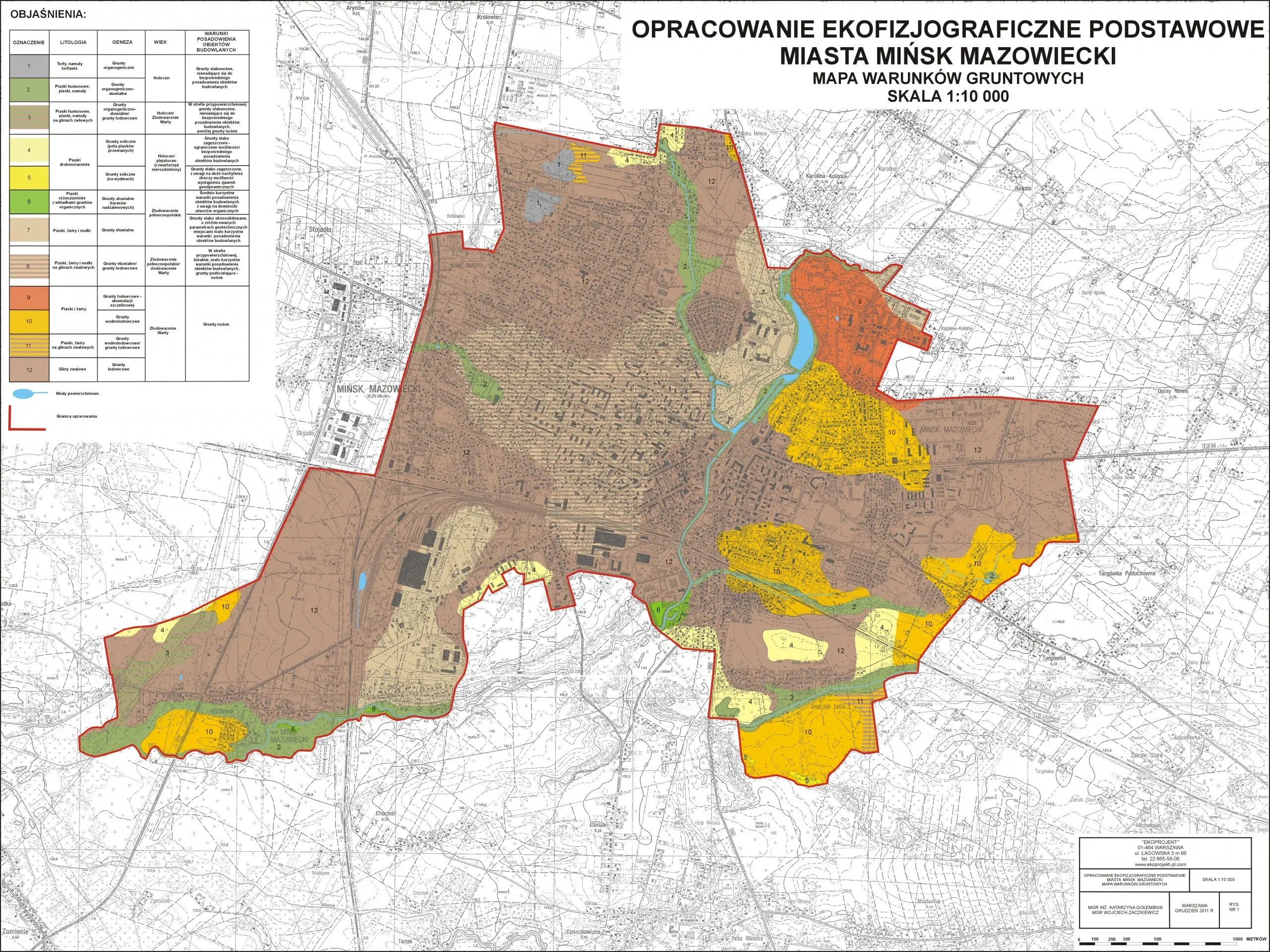 Mapa warunków gruntowych miasta Mińsk Mazowiecki z legendą określającą rodzaje gruntów oraz ich warunki posadowienia, wykonana w skali 1:10 000.