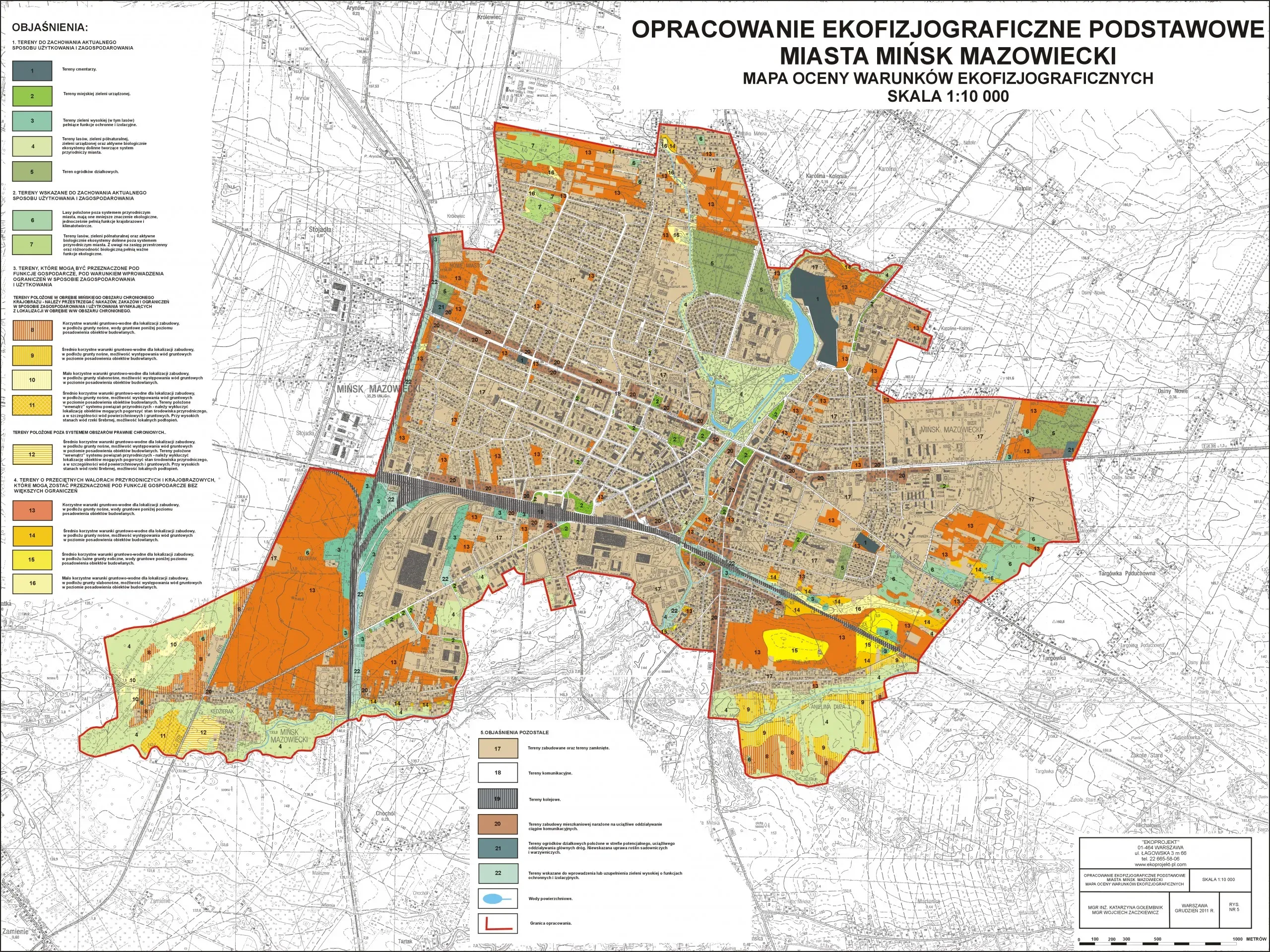 Mapa ekofizjograficzna miasta Mińsk Mazowiecki z oznaczeniem terenów zieleni, zabudowy, wód powierzchniowych i granic opracowania.