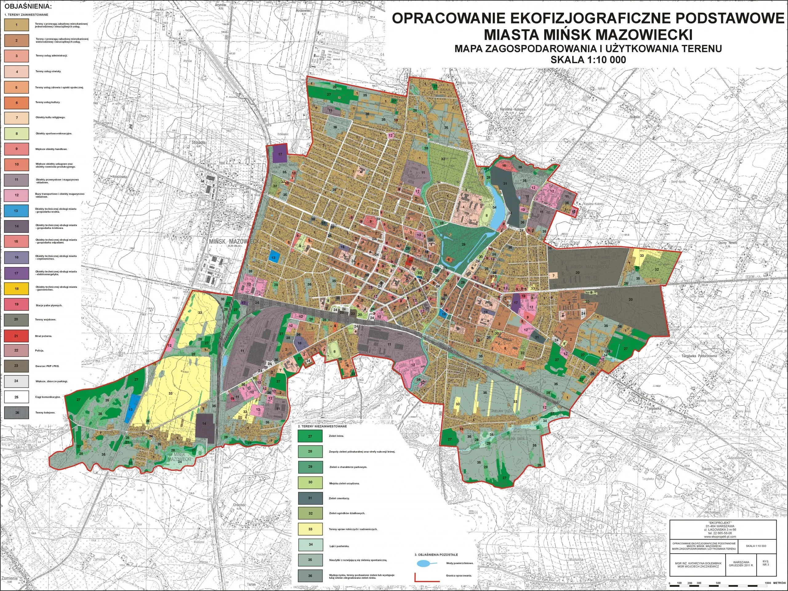 Mapa zagospodarowania i użytkowania terenu miasta Mińsk Mazowiecki z legendą kolorów określających różne typy terenów, obiektów i zieleni.