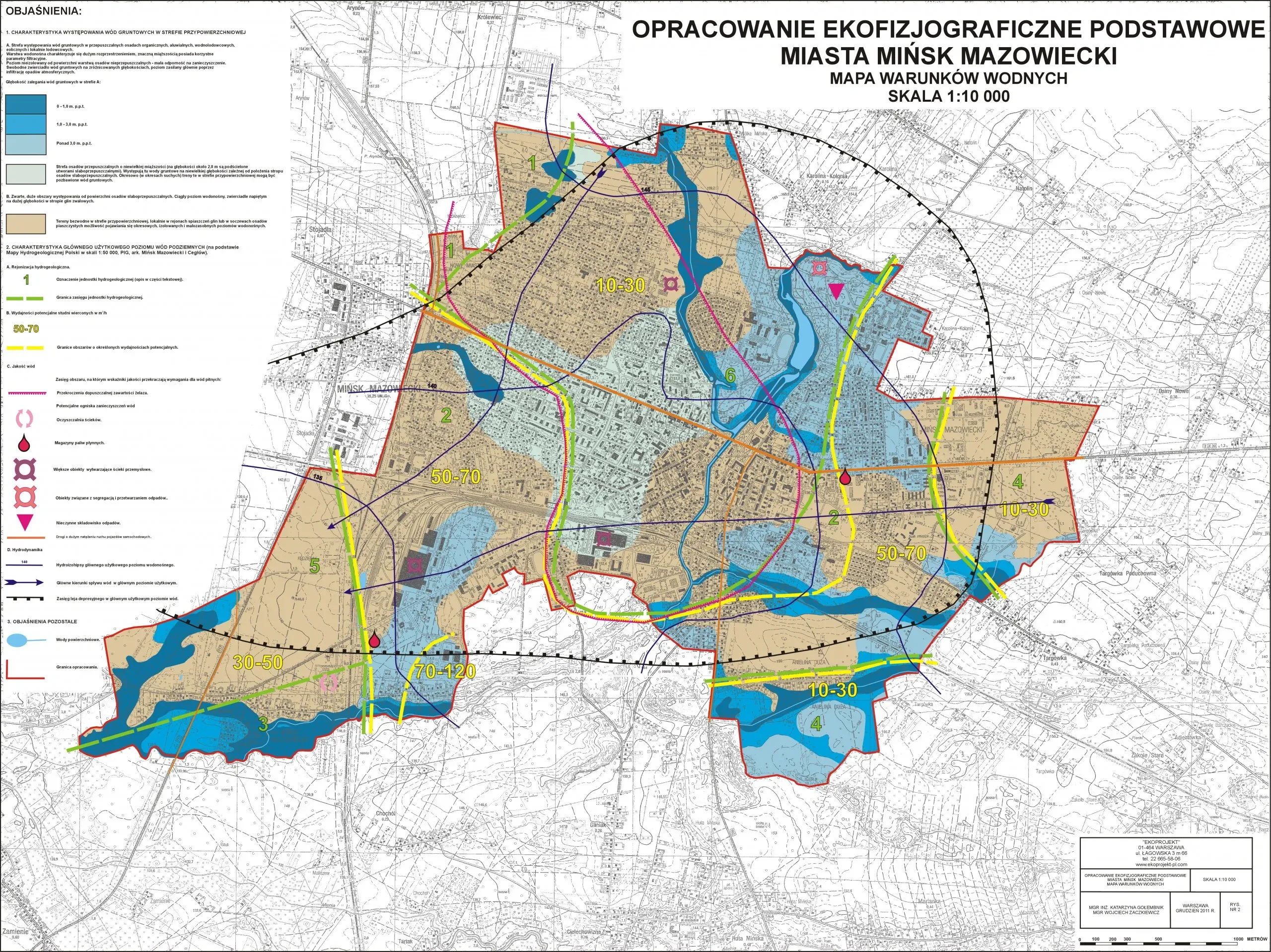 Mapa miasta Mińsk Mazowiecki z zaznaczonymi strefami warunków wodnych, hydrogeologicznymi, obszarami użytkowymi oraz oznaczeniami poziomu głównego użytkowego poziomu wód podziemnych.
